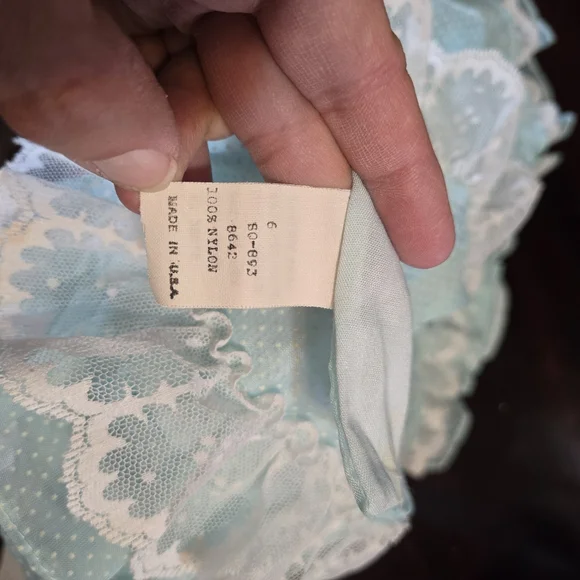 Vtg Mini World Baby Girl Dress Suiss Dot Sheer Ruffle Lace Lt Blue USA